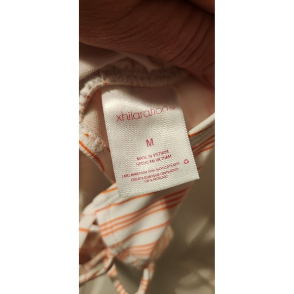 Exhilaration White & Orange Striped Swim Top W/ Keyhole And Lace-up Back, M - Picture 3 of 3